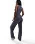 In The Style ribbed high neck drawstring detail wide leg jumpsuit in charcoal