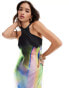 AllSaints Betina Orbital racer satin midi dress in black/rainbow