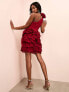 ASOS LUXE exaggerated 3D floral mesh one shoulder mini dress in dark red Красный, 42 - фото #8