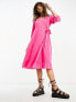 Only puff sleeve wrap midi dress in bright pink