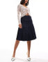 Urban Revivo pleated denim knee length skirt in indigo blue