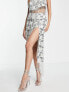 ASOS DESIGN embellished sequin and pearl midi skirt co-ord in silver with fringing