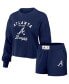 Women's Navy Distressed Atlanta Braves Waffle Knit Long Sleeve T-shirt and Shorts Lounge Set
