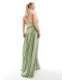 Фото #3 товара TFNC Plus Bridesmaid satin pleated halter neck maxi dress with full skirt in sage