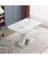 White marble dining table with X-shaped metal legs