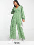 Фото #1 товара Glamorous Petite v-neck button front jumpsuit in green mini daisy print