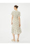Фото #4 товара Платье Koton с цветочным узором, асимметричным кроем, оборками, короткими рукавами, V-образным вырезом, застежкой на пуговицы и подкладкой.