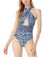 Фото #1 товара Women's Printed Cross-Front Cut-Out One-Piece Halter Swimsuit