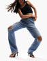 ASOS DESIGN mid rise straight jean in mid blue with knee rips