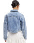 Фото #4 товара Miss Selfridge satin ribbon tie detail denim girlfriend jacket in mid blue wash