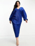 Фото #3 товара ASOS DESIGN Curve deep plunge blouson sleeve plisse midi dress in blue