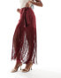 ASOS DESIGN fringed satin wrap maxi skirt in burgundy