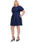 ფოტო #3 პროდუქტის Plus Size Puff-Sleeve Jacquard Fit & Flare Dress