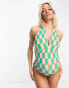 Vero Moda Maternity halterneck swimsuit in green and pink checkerboard