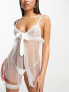Фото #4 товара ASOS DESIGN Sindy bridal flocked spot frill babydoll set with micro tanga thong in white