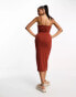 Pieces exclusive ruched front cami midi dress in rust