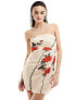 Фото #1 товара ASOS DESIGN satin bandeau mini dress with gathered waist detail in cream rose print