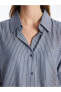 LCW Vision Çizgili Uzun Kollu Oversize Keten Karışımlı Kadın Gömlek Gömlek