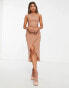 In The Style exclusive ruched one shoulder asymmetric drape midi dress in light brown