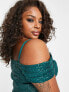 Jaded Rose Plus off shoulder crop top in emerald sequin co-ord