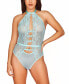 Women’s 1PC Lingerie Bodysuit Patterned with Mesh Lace and Bow Accents.