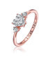 Sterling Silver with 18K Rose Gold Plated Heart and Round Clear Cubic Zirconias Three-Stone "I Love You" Ring