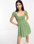 Фото #1 товара ASOS DESIGN scoop neck cap sleeve crinkle shirred mini dress in light khaki