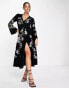 ASOS DESIGN velvet wrap midi dress with floral embellished detail in black