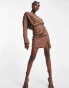 Фото #8 товара ASOS DESIGN cuffed long sleeved satin mini dress with pleat detail skirt in chocolate