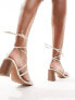 ASOS DESIGN Hideout strappy tie leg mid block heeled sandals in gold