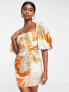Фото #1 товара ASOS DESIGN exaggerated blouson sleeve mini dress with wrap waist in tropical palm print