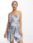 Фото #1 товара ASOS DESIGN draped bandeau corset satin mini dress with flippy skirt in blue ivory floral print