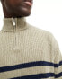 Фото #4 товара ASOS DESIGN oversized knitted fisherman rib 1/4 jumper in stone and navy stripe