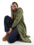 Only quilted longline coat with teddy hood in khaki