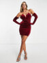 Rare London bandeau velvet mini dress with gloves in red