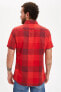 Erkek Kırmızı Slim Fit Kare Desenli Kısa Kollu Gömlek N9722AZ20SM