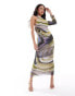 ASOS DESIGN mesh wrap around one shoulder midi dress with gauged skirt in abstract swirl print