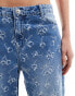 Bershka cherry bow embroidered wide leg jeans in indigo wash BLAU, 36 - фото #3