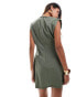 Фото #4 товара ASOS DESIGN linen look twist shoulder pleat mini dress in khaki