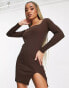 Фото #2 товара Threadbare Aria ribbed mini dress with side split in chocolate brown