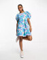 Фото #3 товара JDY exclusive puff sleeve mini smock dress in print blue & pink floral