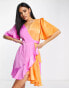 Фото #2 товара Flounce London satin flutter sleeve ruffle mini dress in contrast pink and orange