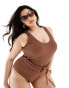 Фото #1 товара In The Style Plus crinkle scoop neck ring detail swimsuit in brown