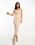 ASOS DESIGN ruched cami mesh midi dress in camel