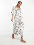 ASOS DESIGN linen look shirred bodice puff sleeve jumpsuit in mono spot print