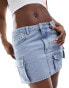 Фото #2 товара Kyo The Brand denim cargo pocket detail mini skirt in light blue wash