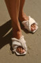 Fabric flat slider sandals with fringe