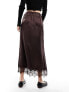 River Island satin midi skirt with lace trim in brown