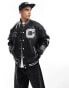 Bershka faux leather varsity jacket in black