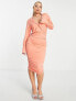 Фото #3 товара AX Paris button detail ruched side midi pencil dress in coral
